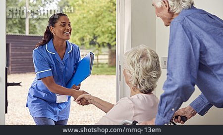 
                Senior, Smiling, Old Nurse, Greeting, Wheelchair, Elderly Care, Home Visit                   