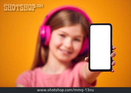 
                Textfreiraum, Mädchen, Bildschirm, Zeigen, Smartphone                   