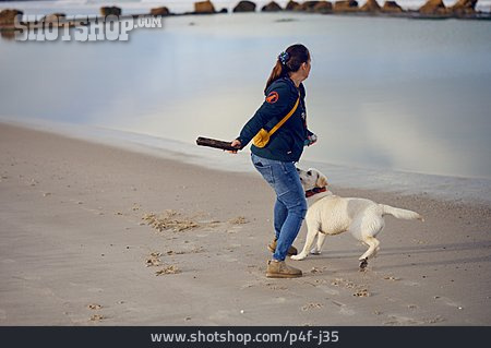 
                Frau, Strand, Hund, Spielen                   