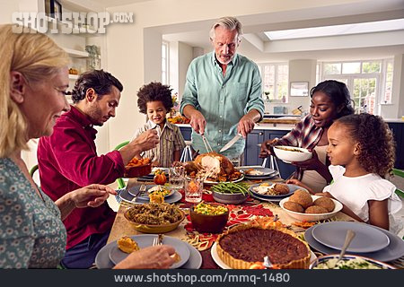 
                Zuhause, Familie, Großeltern, Truthahn, Festessen, Mittagessen, Multi-ethnisch                   