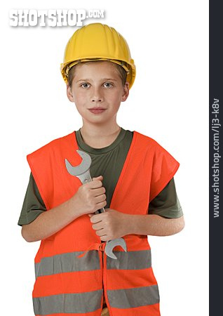 
                Junge, Arbeitsbekleidung, Schraubenschlüssel, Bauarbeiter                   