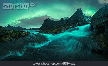 
                Wasserfall, Surreal, Lofoten, Aurora Borealis                   