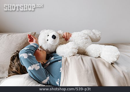 
                Kind, Bett, Teddybär, Aufwachen                   