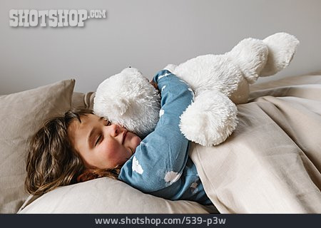 
                Kind, Bett, Morgens, Teddybär, Kuscheln                   