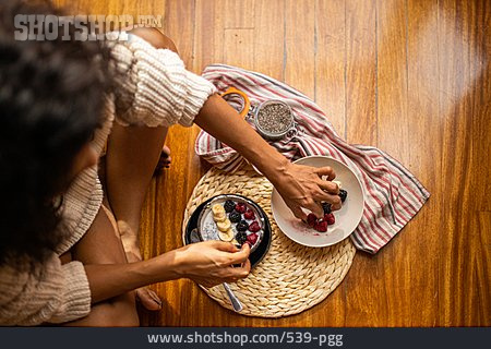 
                Woman, Home, Fruit, Breakfast, Cross-legged, Chia Seeds                   