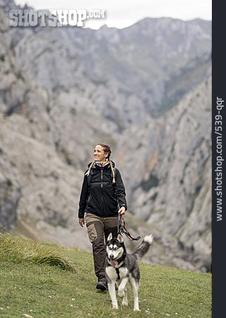 
                Gebirge, Bergwanderung, Wanderin, Siberian Husky                   